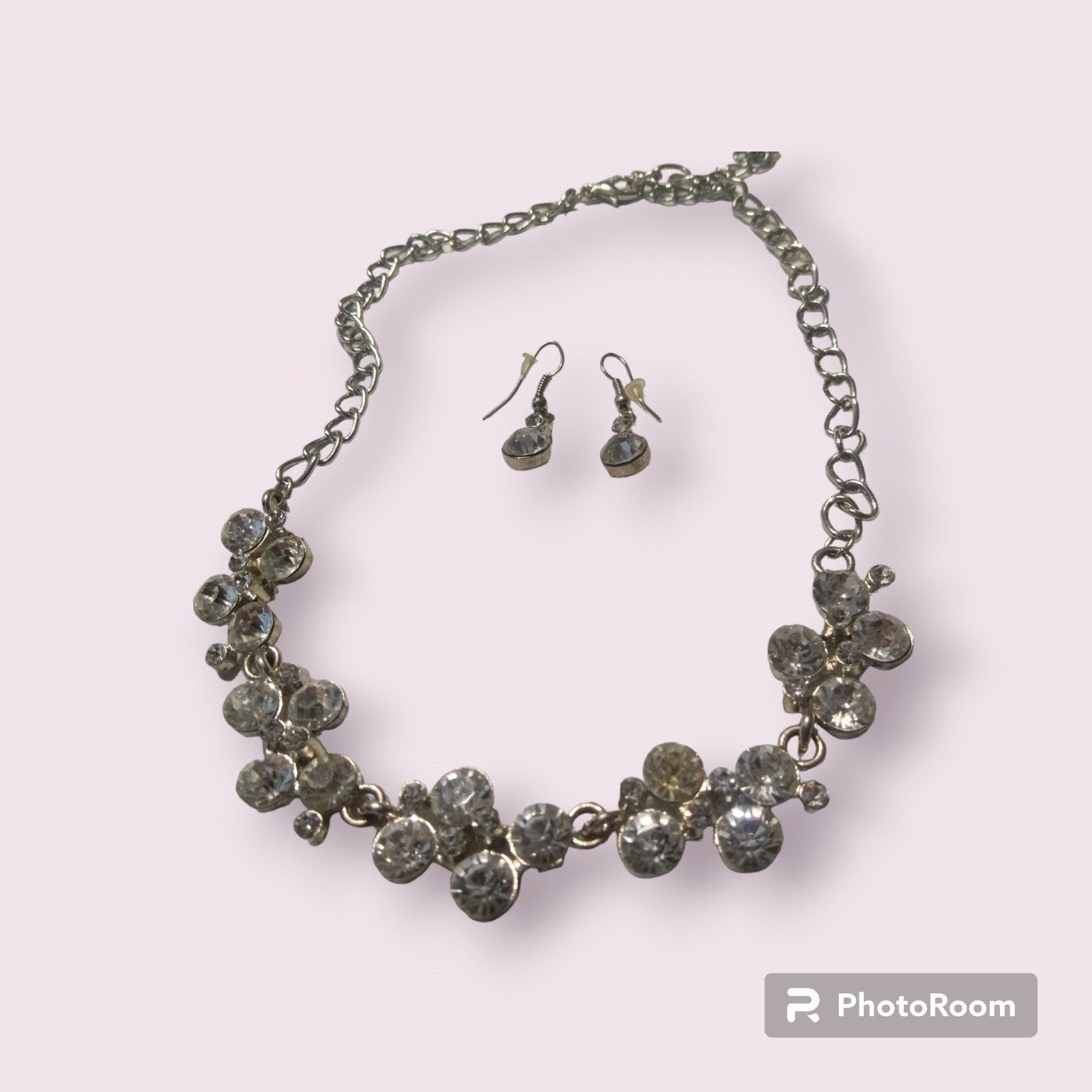 Silver Toned Rhinestone Cluster Bib Necklace With Matching Earrings 9$